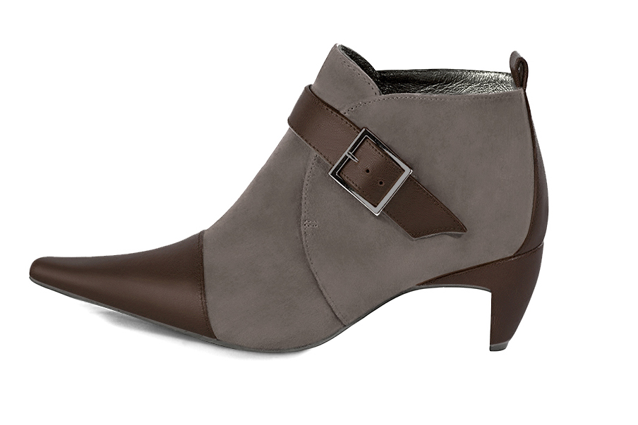 Women's dark brown and taupe brown elegant ankle boots, with buckles at the front. Pointed toe. Medium comma heels - Profile view